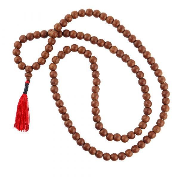 12mm Narra Wood Monk Bead Necklace Red Tassel