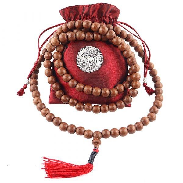 12mm Narra Wood Buddhist Prayer Beads Necklace Yellow Tassel Bag