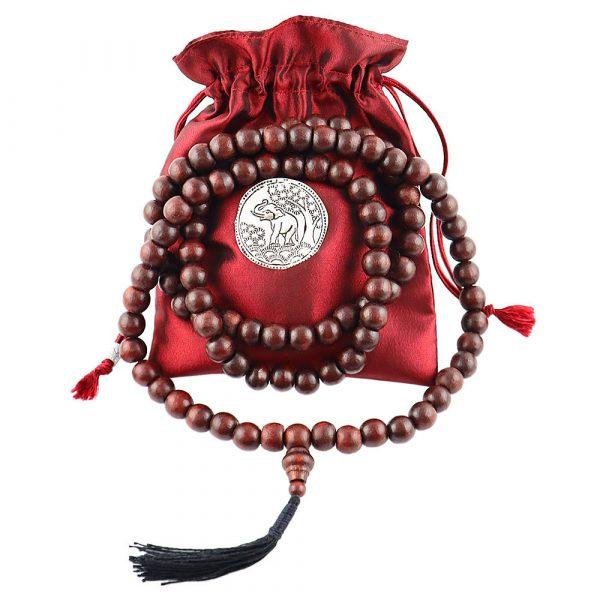 12mm Red Narra Wood Buddhist Prayer Beads Necklace Black Tassel Bag