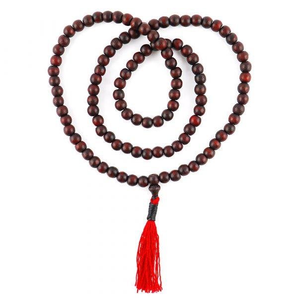 12mm Red Narra Wood Buddhist Prayer Beads Necklace Red Tassel