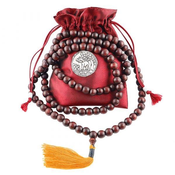 12mm Red Narra Wood Buddhist Prayer Beads Necklace Yellow Tassel Bag