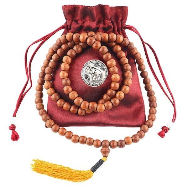 8mm Narra Wood Buddhist Prayer Bead Necklace with Bag Yellow Tassel