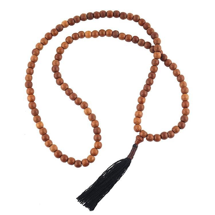 8mm Narra Wood Buddhist Prayer Bead Necklace with Black Tassel