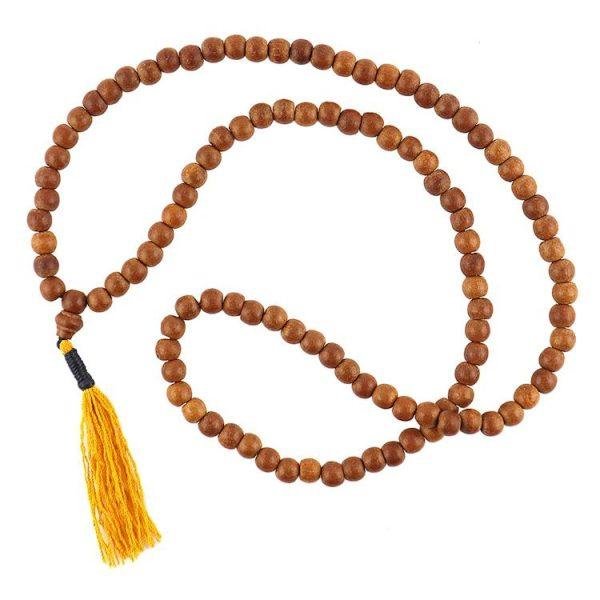 8mm Narra Wood Buddhist Prayer Bead Necklace with Yellow Tassel