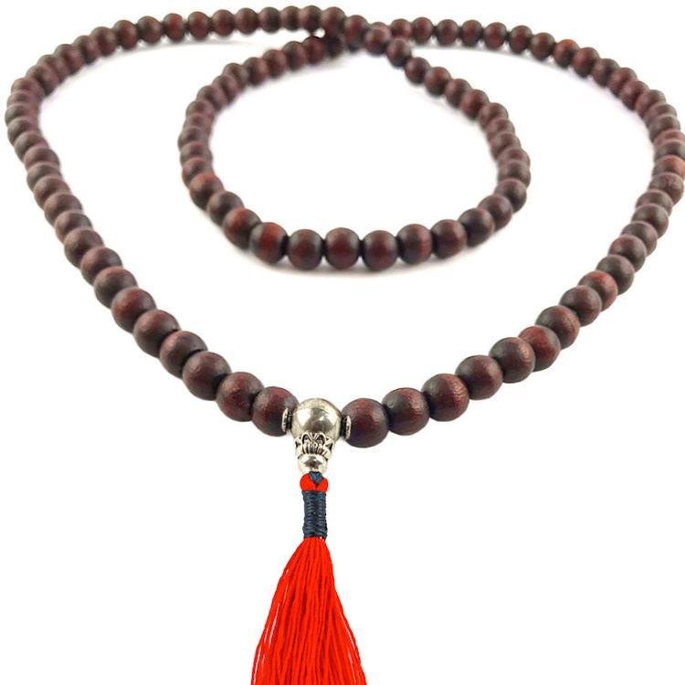 8mm Red Wood Buddhist Mala Prayer Beads Necklace