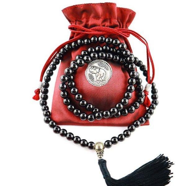Black Onyx Buddhist Prayer Bead Mala Necklace Black Tassel Bag1