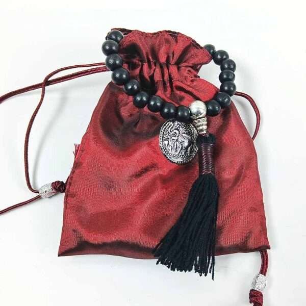 Black Wood Buddhist Mala Beads with Black Tassel Silver guru and bag