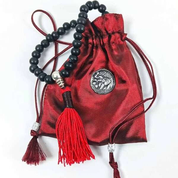 Black Wood Buddhist Mala Beads with Red Tassel Silver guru and bag