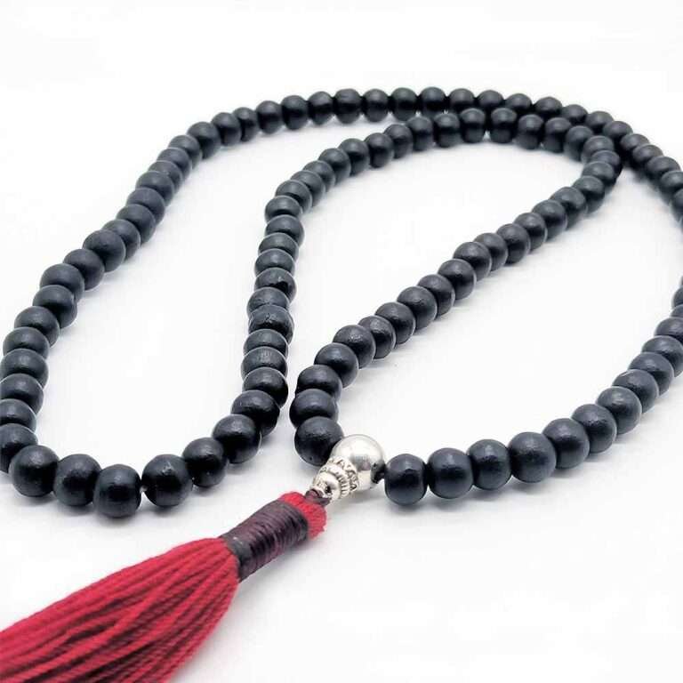Black Wood Buddhist Mala Beads with Silver guru