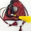 Black Wood Buddhist Mala Beads with Yellow Tassel Silver guru and bag