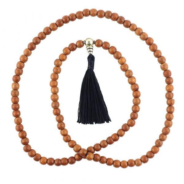 Silver Guru 8mm Narra Wood Buddhist Mala Bead Necklace with Black Tassel