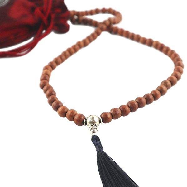 Silver Guru 8mm Narra Wood Buddhist Mala Bead Necklace with Black Tassel Close