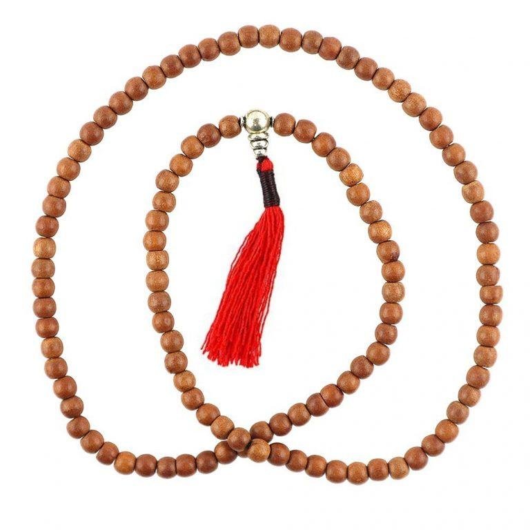 Silver Guru 8mm Wood Wood Buddhist Mala Prayer Beads Red Tassel