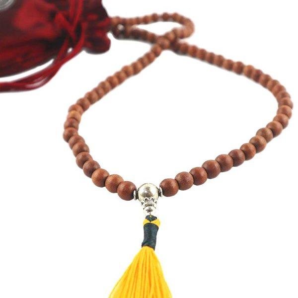 Silver Guru 8mm Narra Wood Buddhist Mala Bead Necklace with Yellow Tassel close