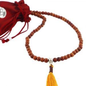 Silver Guru 8mm Teak Wood Buddhist Mala Bead Necklace Yellow Tassel