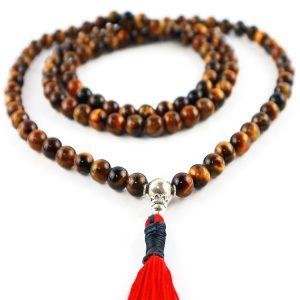 Tiger Eye Buddhist Mala Beads Necklace Red Tassel
