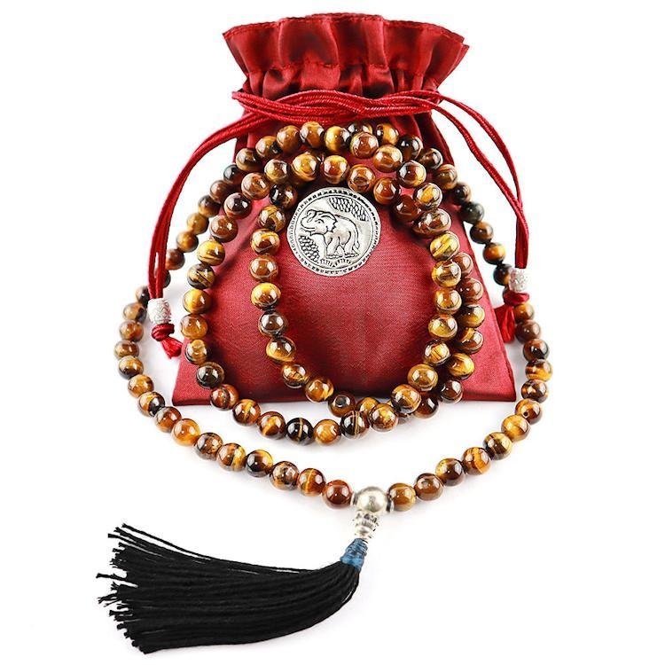 Middle Way Mala Necklace with Buddha Charm, Tiger Eye, Carnelian - Golden  Lotus Mala