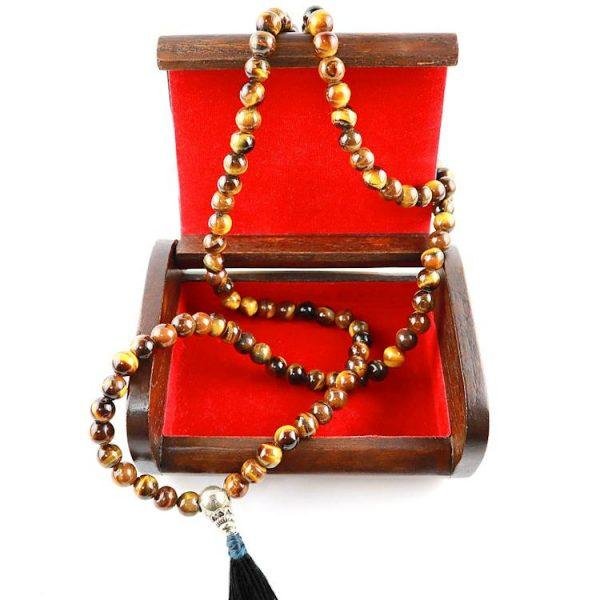 Tiger Eye Buddhist Prayer Bead Mala Necklace Black Tassel Box